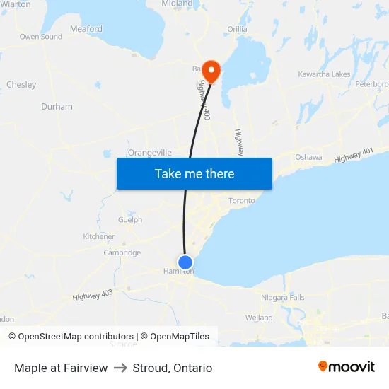 Maple at Fairview to Stroud, Ontario map