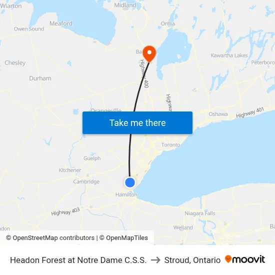 Headon Forest at Notre Dame C.S.S. to Stroud, Ontario map