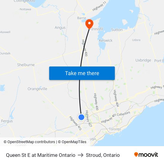 Queen St E at Maritime Ontario to Stroud, Ontario map