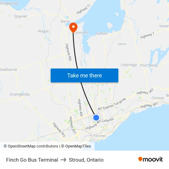 Finch Go Bus Terminal to Stroud, Ontario map