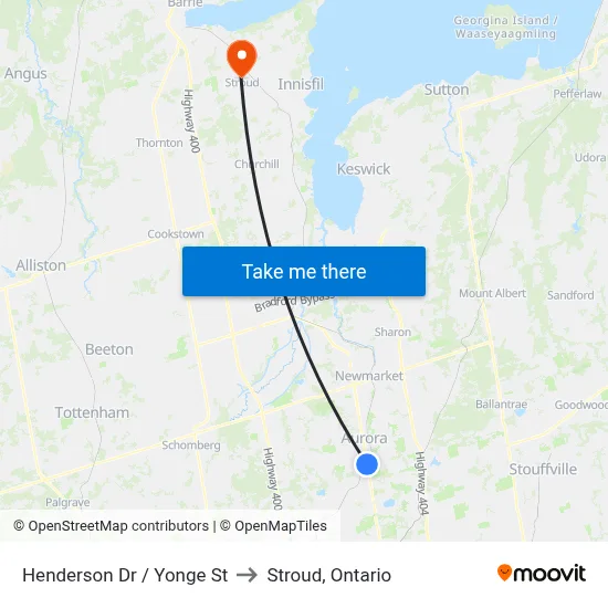 Henderson Dr / Yonge St to Stroud, Ontario map