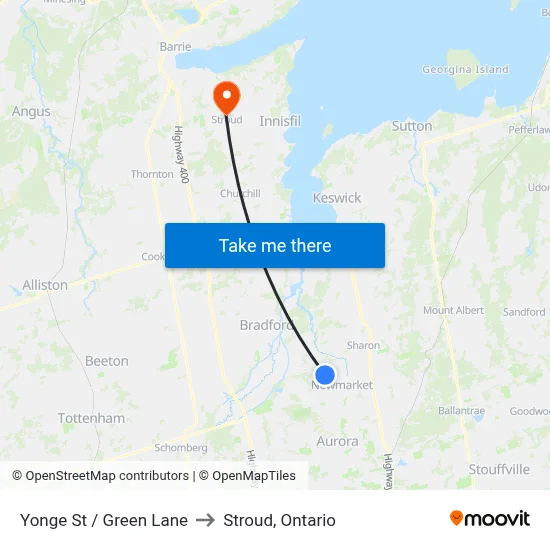 Yonge St / Green Lane to Stroud, Ontario map
