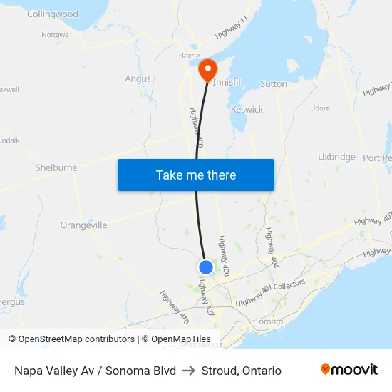 Napa Valley Av / Sonoma Blvd to Stroud, Ontario map