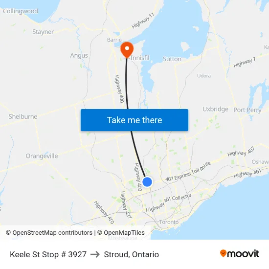 Keele St Stop # 3927 to Stroud, Ontario map