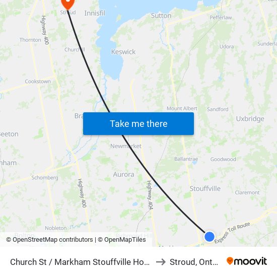 Church St / Markham Stouffville Hospital to Stroud, Ontario map