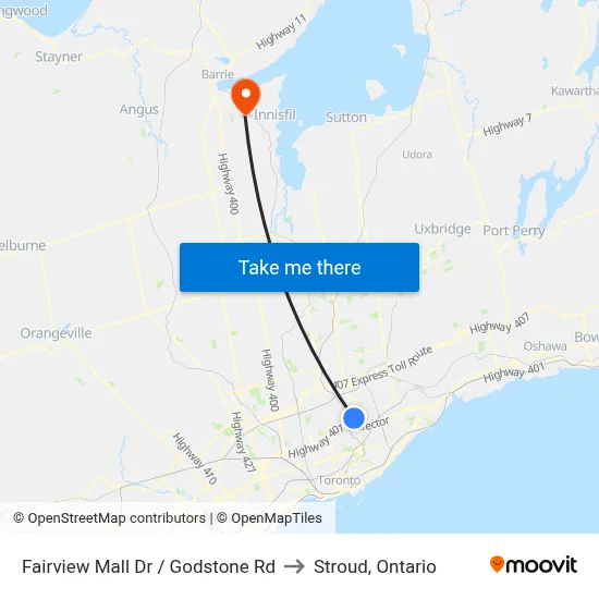 Fairview Mall Dr / Godstone Rd to Stroud, Ontario map