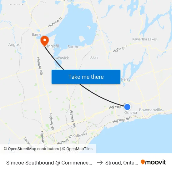Simcoe Southbound @ Commencement to Stroud, Ontario map