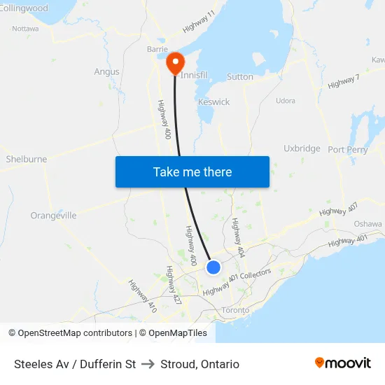 Steeles Av / Dufferin St to Stroud, Ontario map