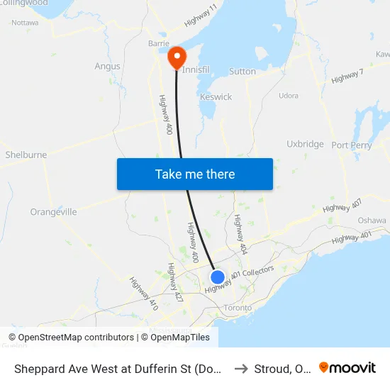 Sheppard Ave West at Dufferin St (Downsview Station) to Stroud, Ontario map