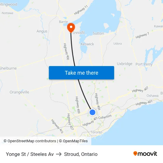 Yonge St / Steeles Av to Stroud, Ontario map