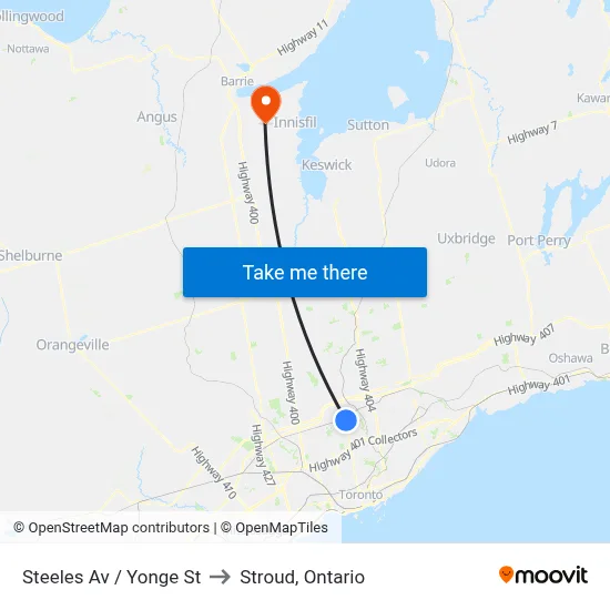 Steeles Av / Yonge St to Stroud, Ontario map