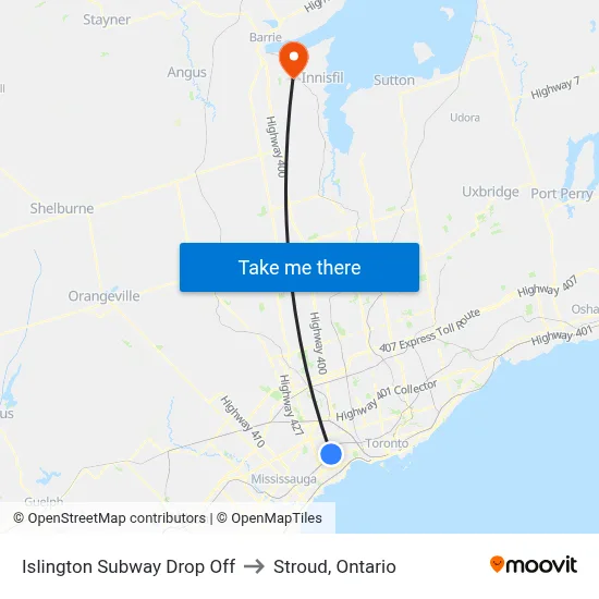 Islington Subway Drop Off to Stroud, Ontario map