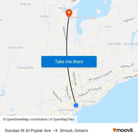 Dundas St At Poplar Ave to Stroud, Ontario map