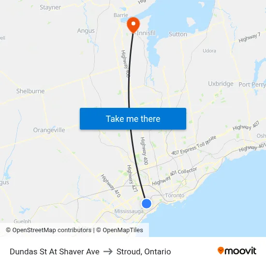 Dundas St At Shaver Ave to Stroud, Ontario map