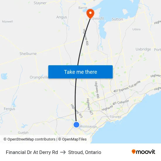 Financial Dr At Derry Rd to Stroud, Ontario map