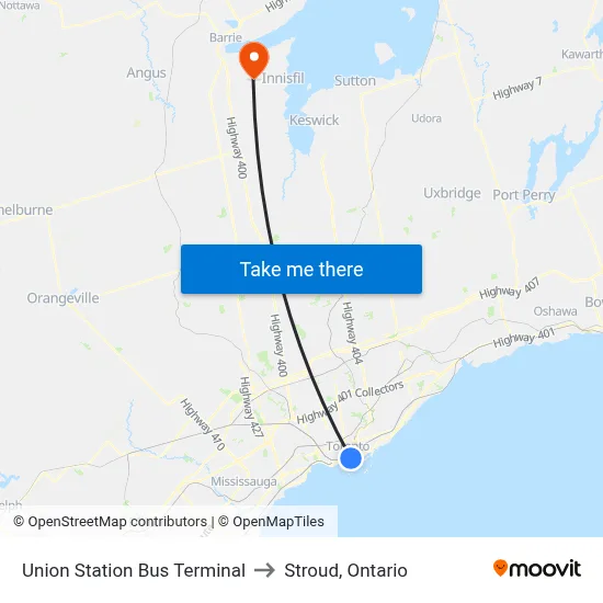 Union Station Bus Terminal to Stroud, Ontario map