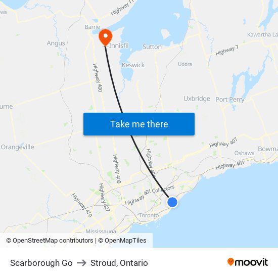 Scarborough Go to Stroud, Ontario map