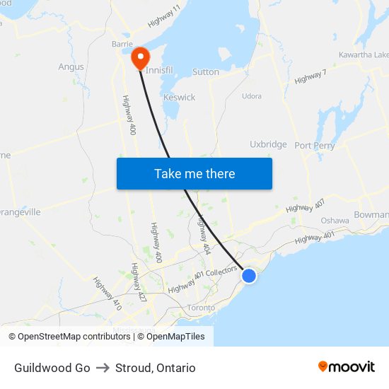 Guildwood Go to Stroud, Ontario map