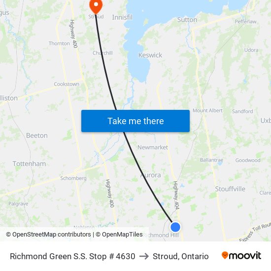 Richmond Green S.S. Stop # 4630 to Stroud, Ontario map