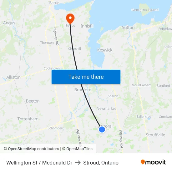 Wellington St / Mcdonald Dr to Stroud, Ontario map