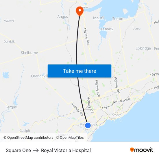 Square One to Royal Victoria Hospital map