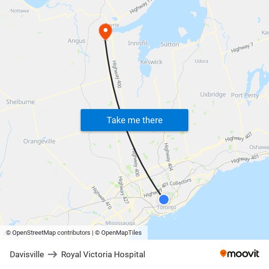 Davisville to Royal Victoria Hospital map
