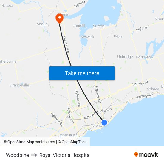 Woodbine to Royal Victoria Hospital map