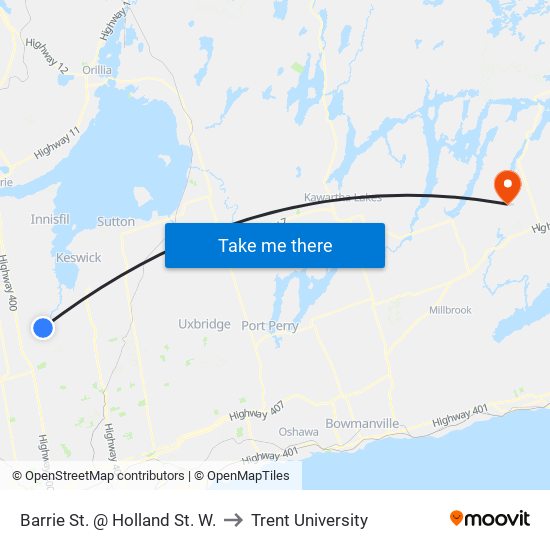 Barrie St. @ Holland St. W. to Trent University map