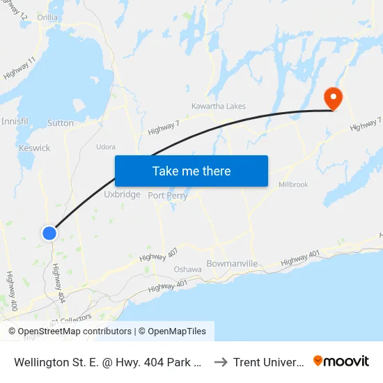 Wellington St. E. @ Hwy. 404 Park & Ride to Trent University map