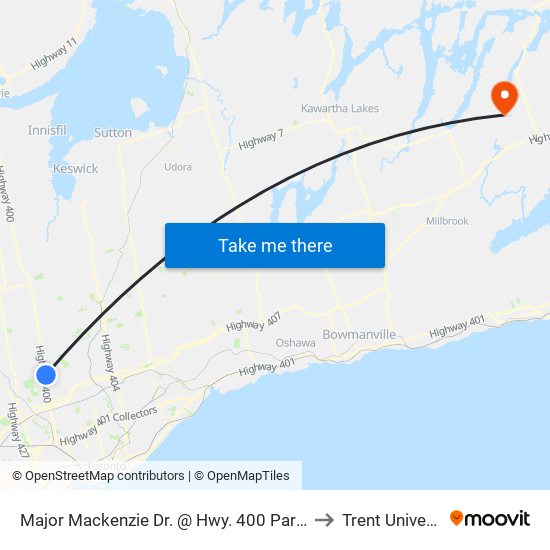 Major Mackenzie Dr. @ Hwy. 400 Park & Ride to Trent University map