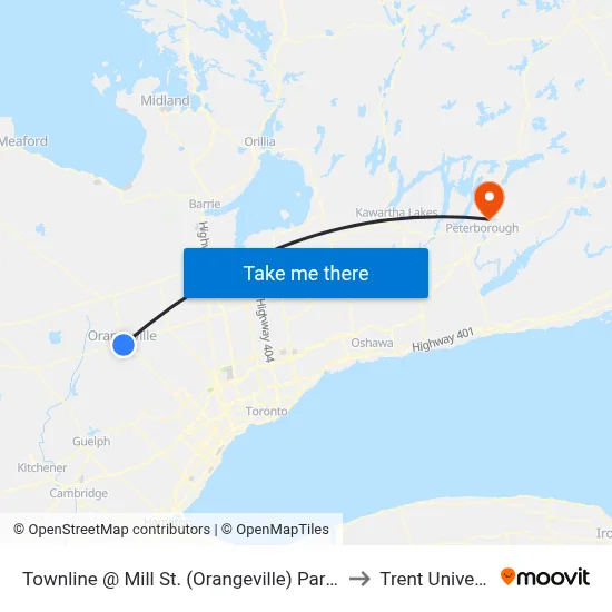Townline @ Mill St. (Orangeville) Park & Ride to Trent University map