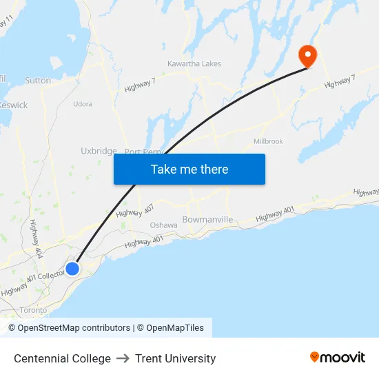Centennial College to Trent University map
