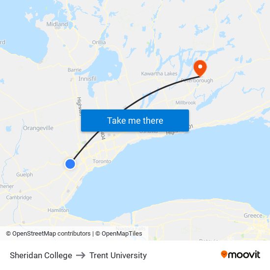 Sheridan College to Trent University map