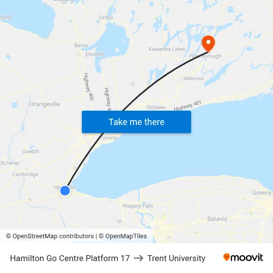 Hamilton Go Centre Platform 17 to Trent University map
