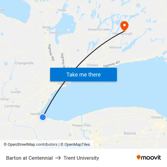 Barton at Centennial to Trent University map