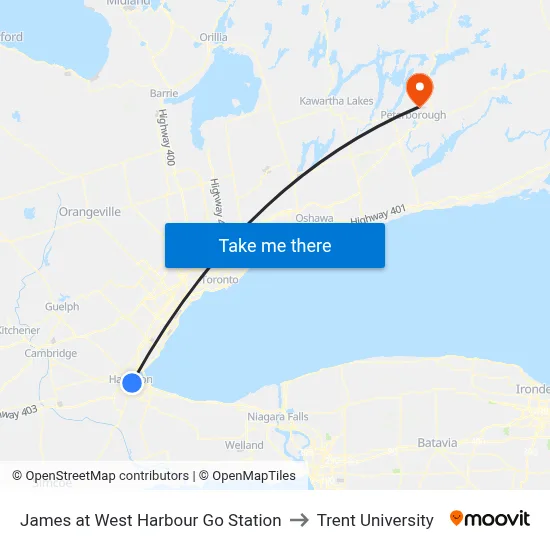 James at West Harbour Go Station to Trent University map