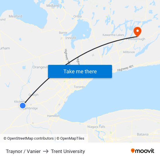 Traynor / Vanier to Trent University map