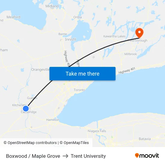 Boxwood / Maple Grove to Trent University map