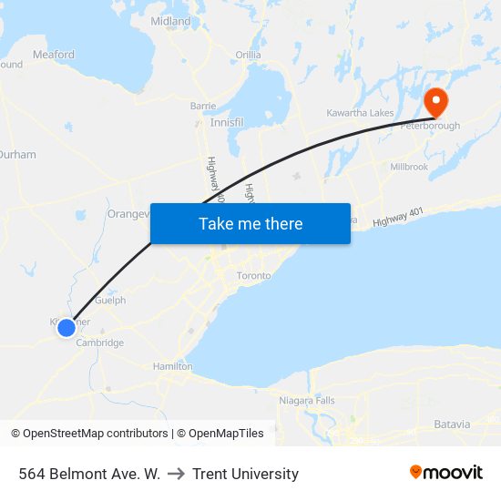 564 Belmont Ave. W. to Trent University map