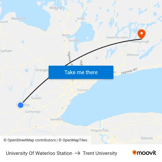 University Of Waterloo Station to Trent University map