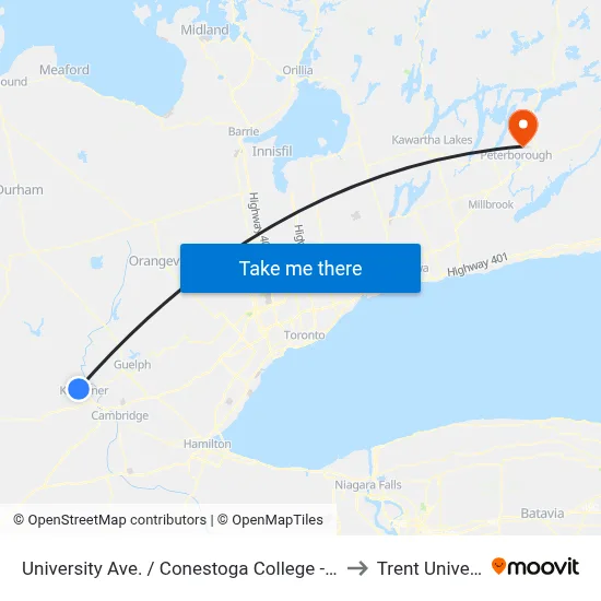 University Ave. / Conestoga College - Waterloo to Trent University map