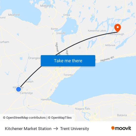 Kitchener Market Station to Trent University map