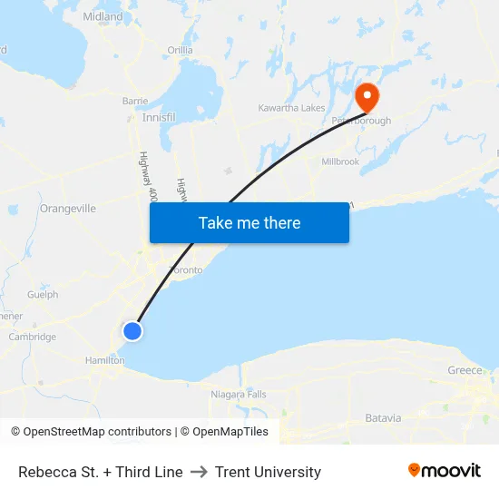 Rebecca St. + Third Line to Trent University map