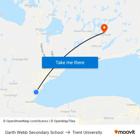 Garth Webb Secondary School to Trent University map