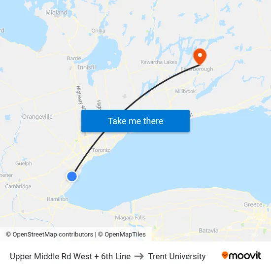 Upper Middle Rd West + 6th Line to Trent University map