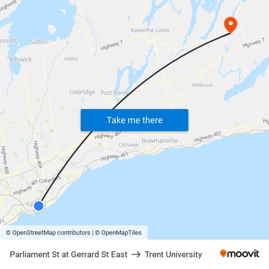 Parliament St at Gerrard St East to Trent University map