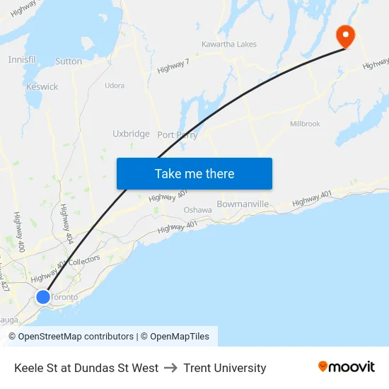 Keele St at Dundas St West to Trent University map