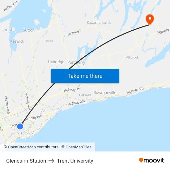 Glencairn Station to Trent University map