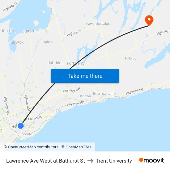 Lawrence Ave West at Bathurst St to Trent University map