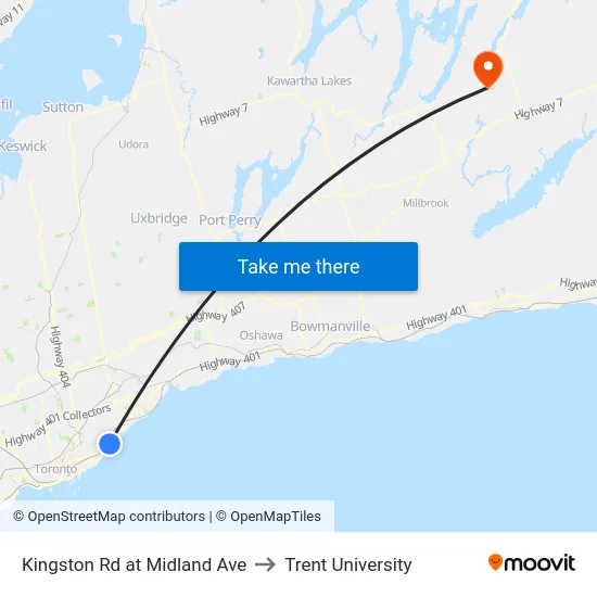 Kingston Rd at Midland Ave to Trent University map